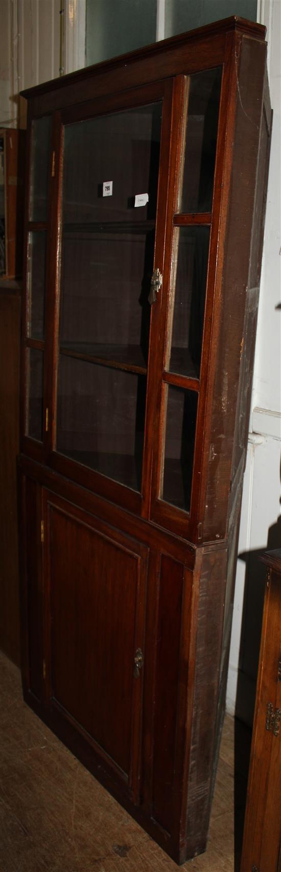 Glazed mahogany standing corner cabinet(-)